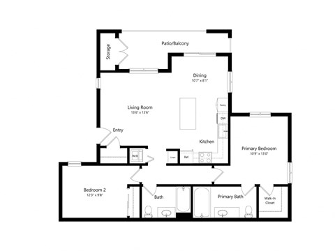Floor plan for 2 beds, 2 baths, 1050 sqft
